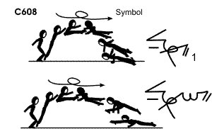 C608 : PIKE JUMP ½ TWIST TO 1 ARM PUSH UP OR TO WENSON